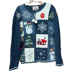 Tiara Sweater Women L Grandma Full-Zip Blue Holidays Christmas Snowflake Snowman